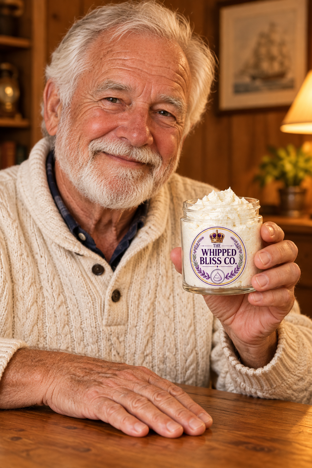 Elderly man holding Bay Rum Body Butter jar for scale reference