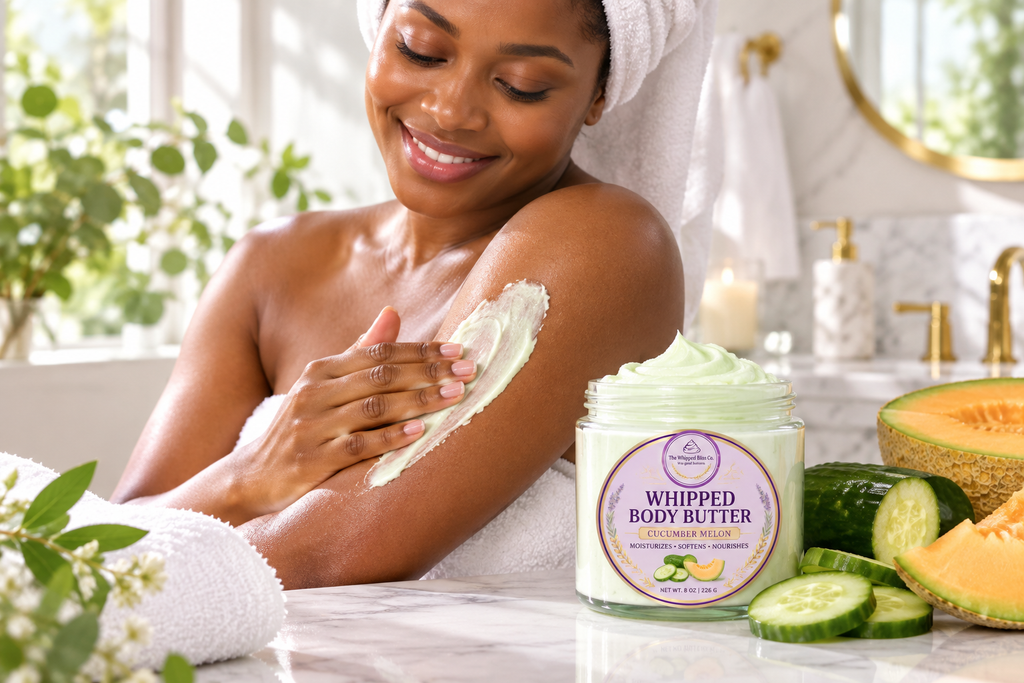 Woman applying cucumber melon body butter, jar with logo label