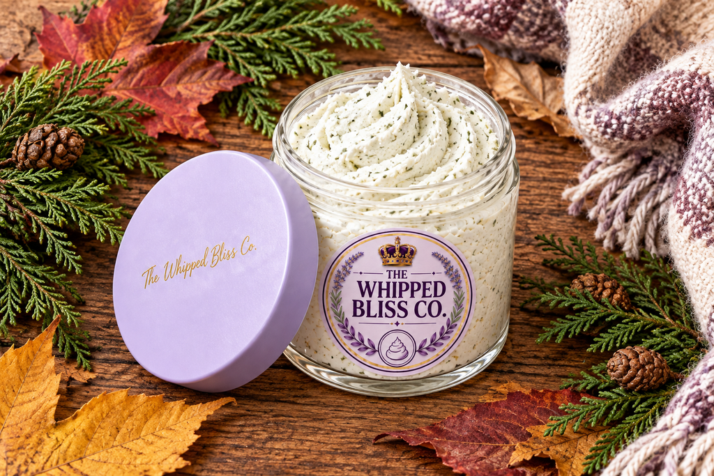 Crisp Autumn Air Body Butter flat lay with cedar branches and leaves
